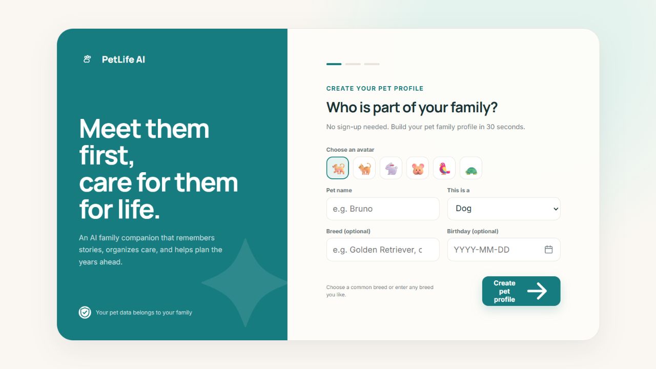 PetLife AI pet profile onboarding interface